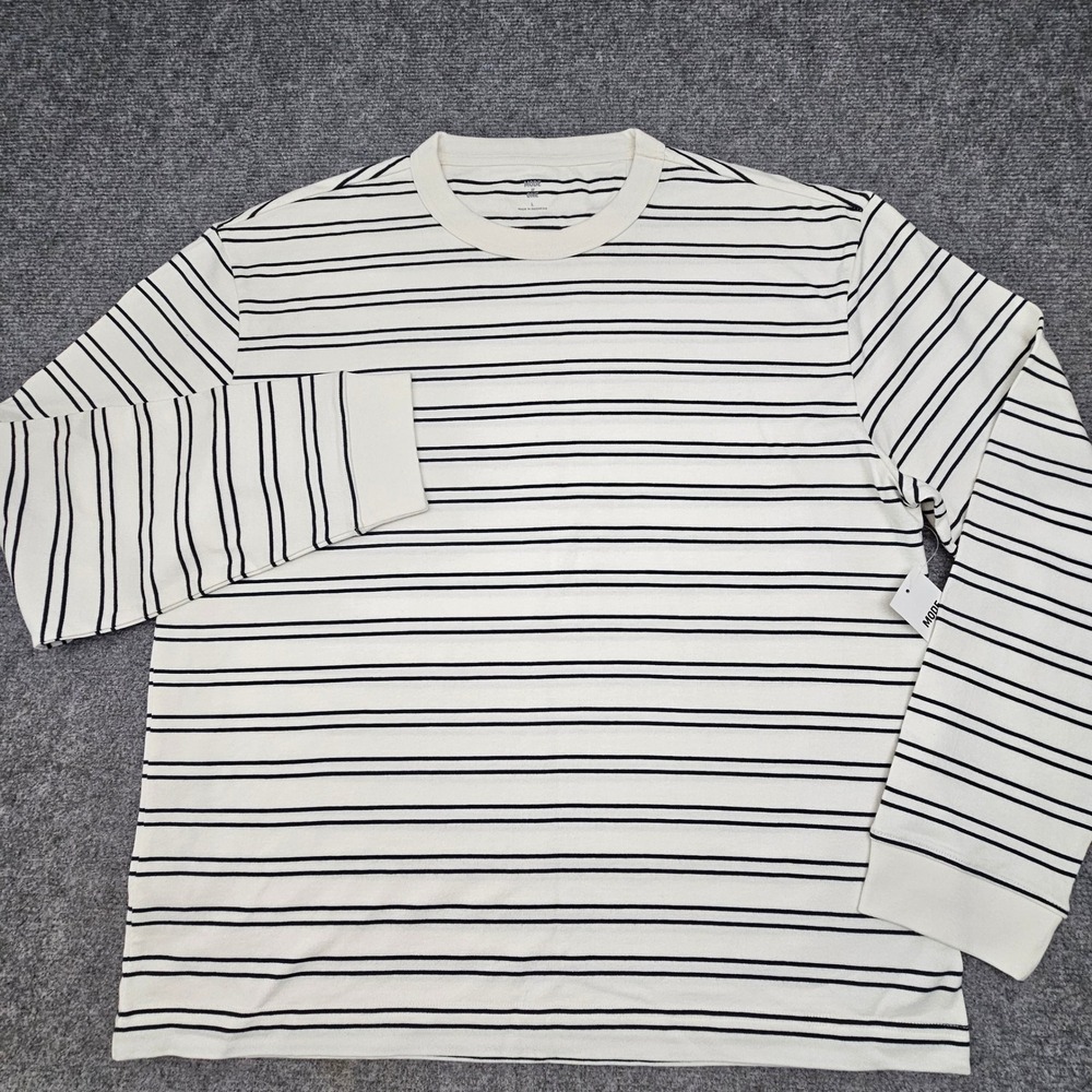 Mode of One Long Sleeve T-Shirt Mens Large Neo Natural Striped Cotton Crew Neck